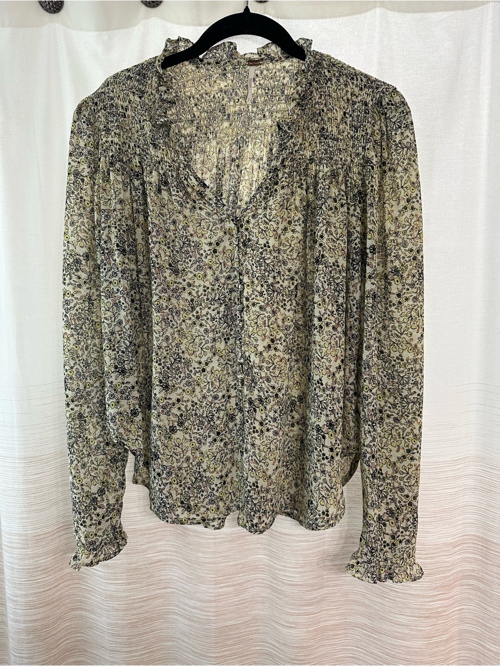 Free People Floral Smocked Long-Sleeve Blouse Size S